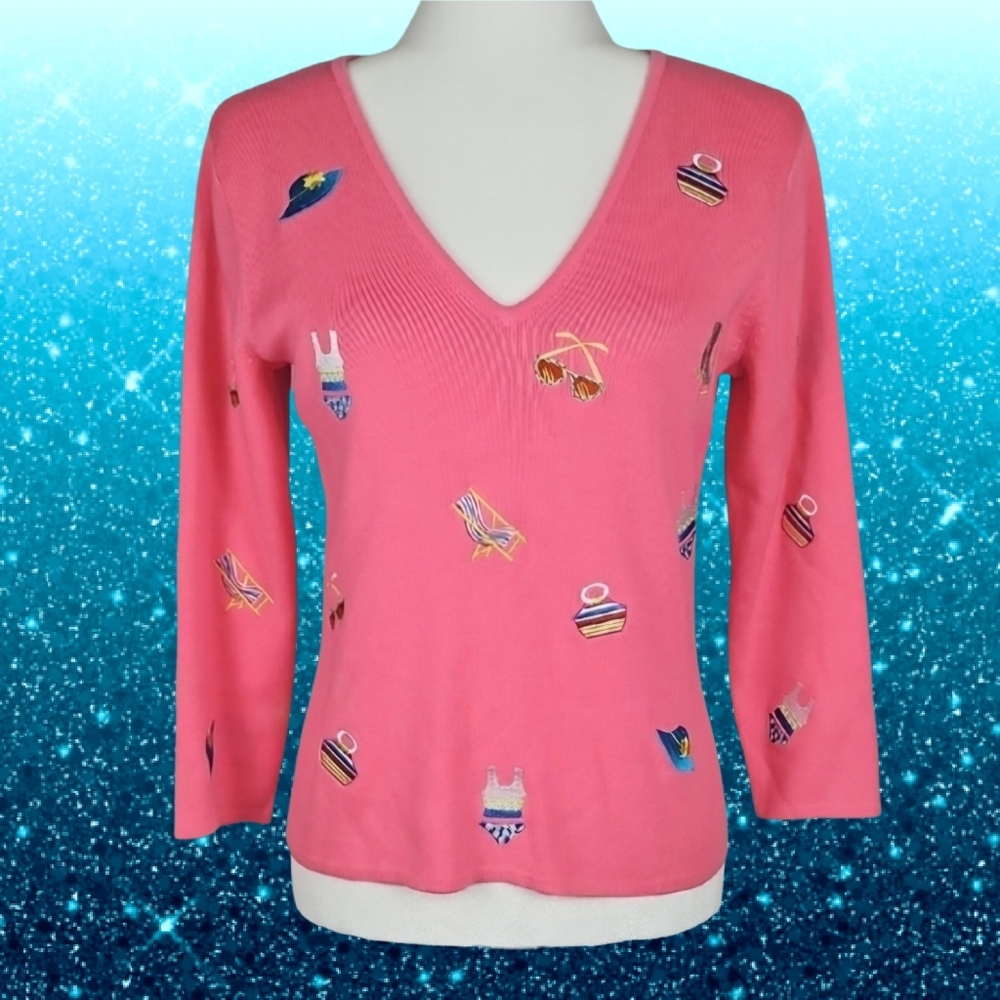 Carole Little Ocean Summer Beach Embroidered Pink Multicolor Sweater Top